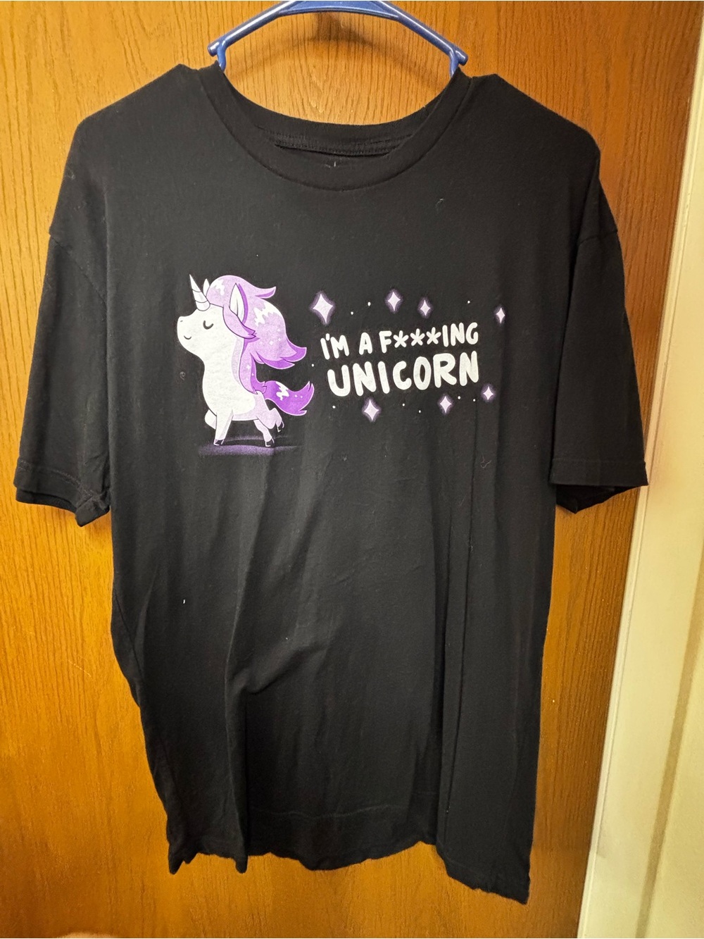 Black Short-Sleeve Unicorn Graphic Tee with Purple Accents